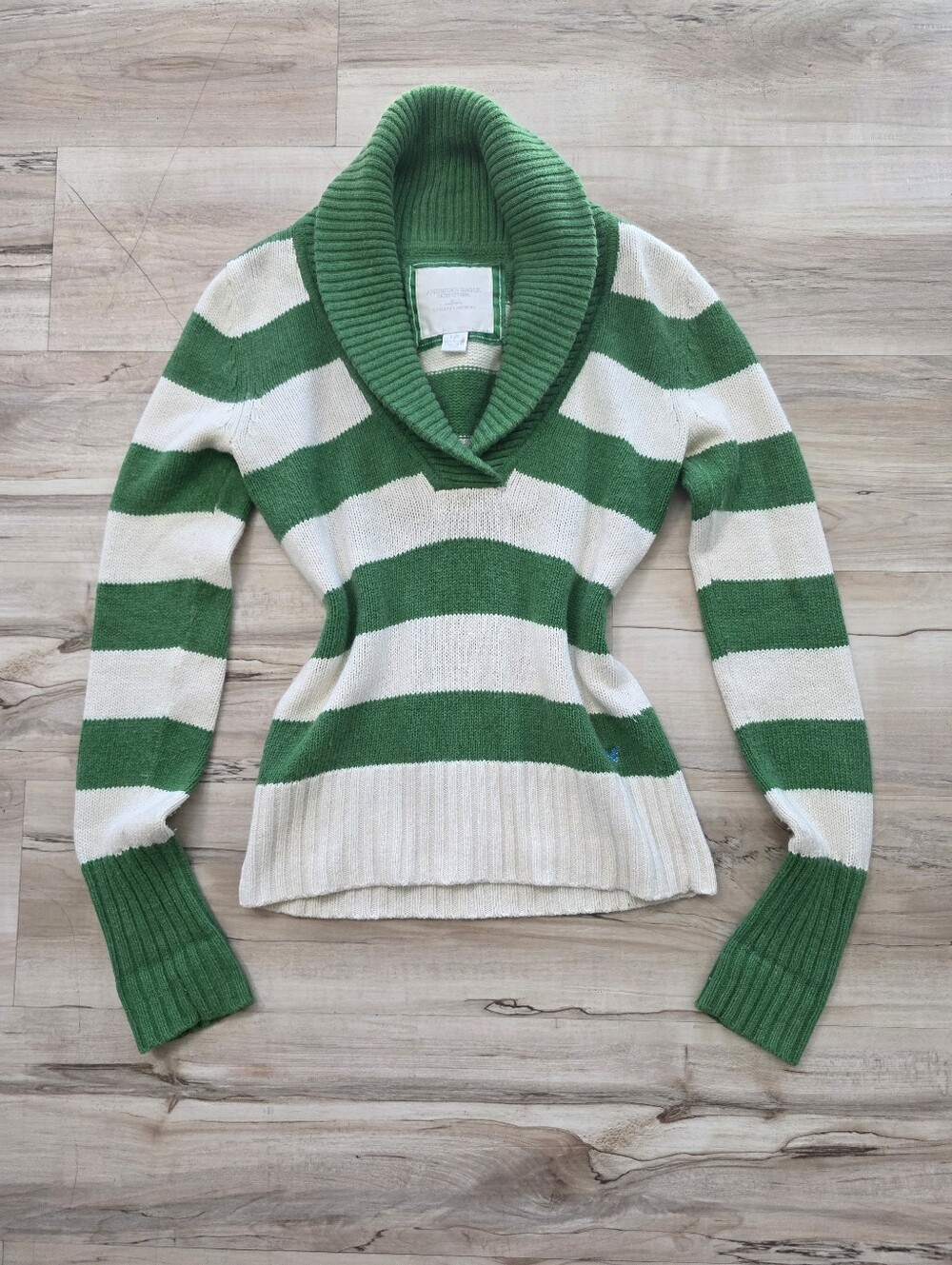 Vtg Y2K American Eagle Striped Shawl Collar Sweater Green White Rabbit Hair Sz S